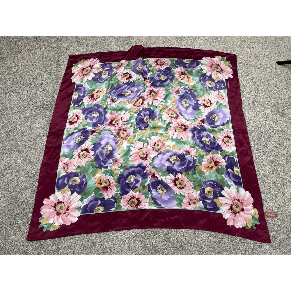 Worthington Scarf Womens 100% Silk Floral Purple Maroon Square Sheer Fairy Core